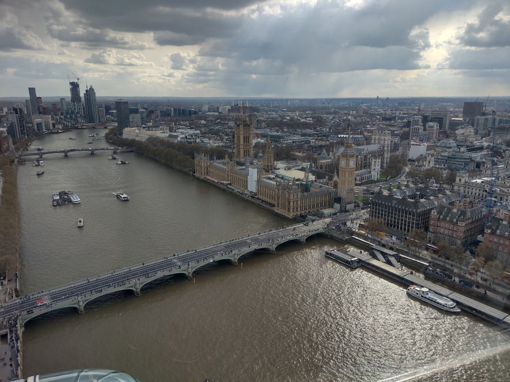 View from London Eye to the River Thames, House of Parliament with Big Ben, Westminster Abbey and South West London