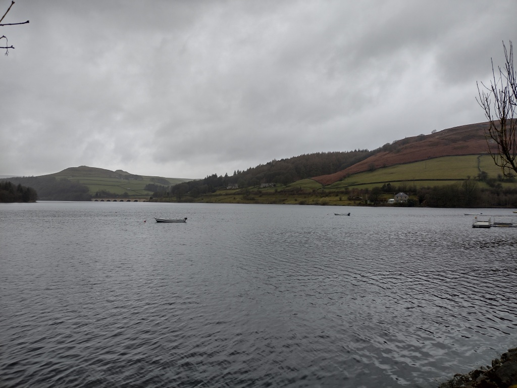 Ladybower Reservoir on a rainy March afternoon with Ashopten Viaduct
